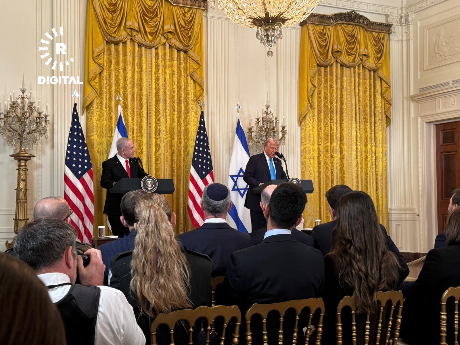 کۆنفرانسی رۆژنامەڤانیی ترەمپ و نەتەنیاهوو لە کۆشکی سپی. وێنە: دیار کوردە - رووداو