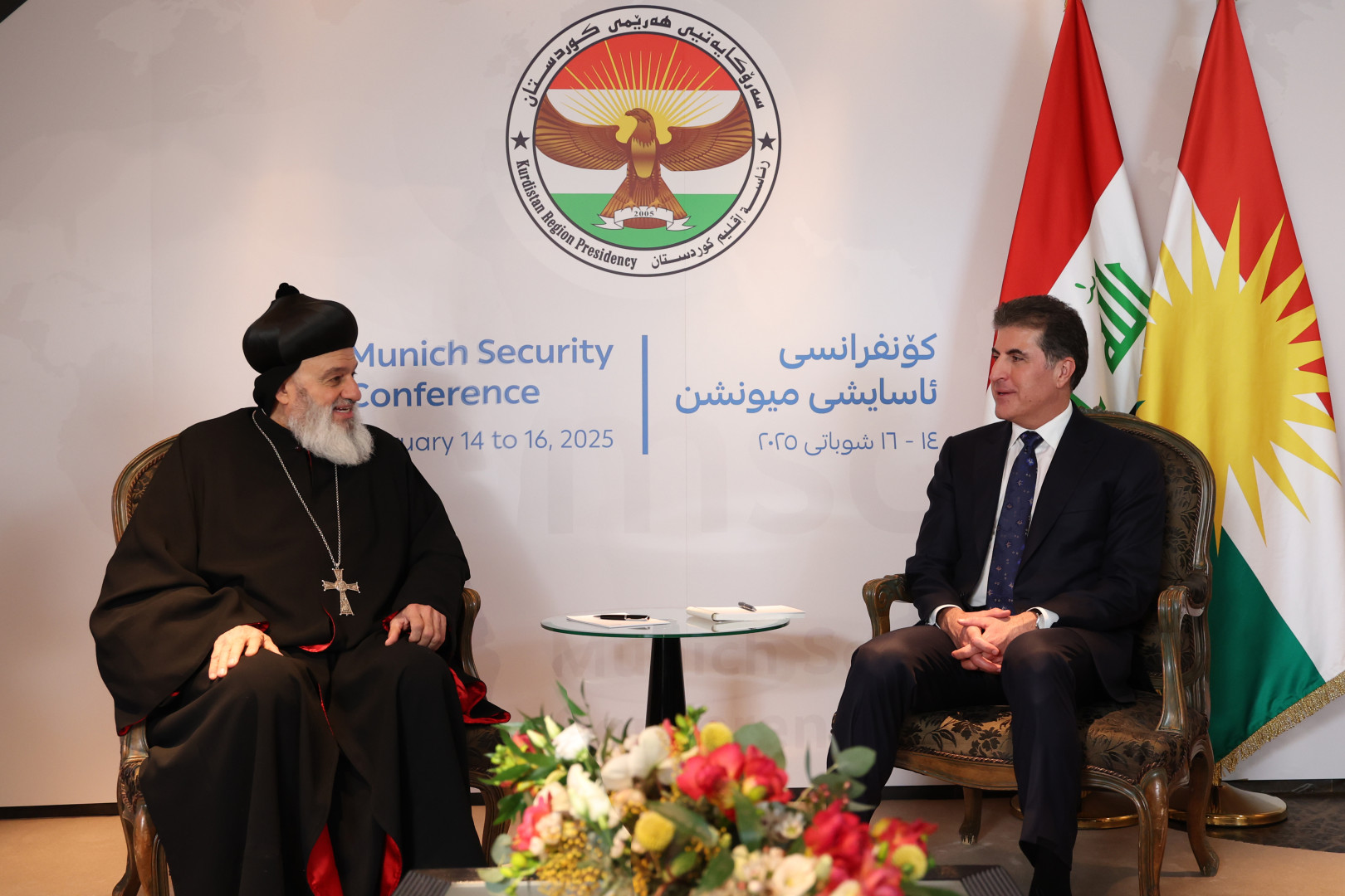 The Patriarch of the Syriac Orthodox Church Mor Ignatius Aphrem II (left) meeting with Kurdistan Region President Nechirvan Barzani in Munich on February 14, 2025. Photo: Kurdistan Region Presidency.