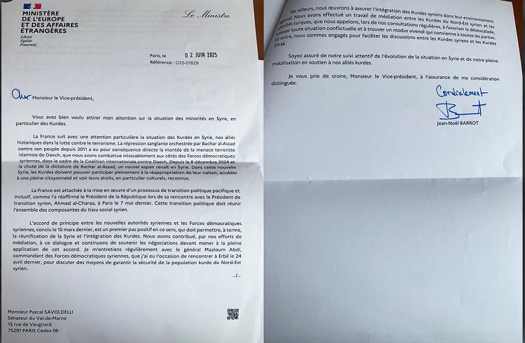 Nameya Wezîrê Karên Derve yê yê Fransayê Jean-Noel Barrot / Wêne: Medyanews Nameya Wezîrê Karên Derve yê yê Fransayê Jean-Noel Barrot / Wêne: Medyanews