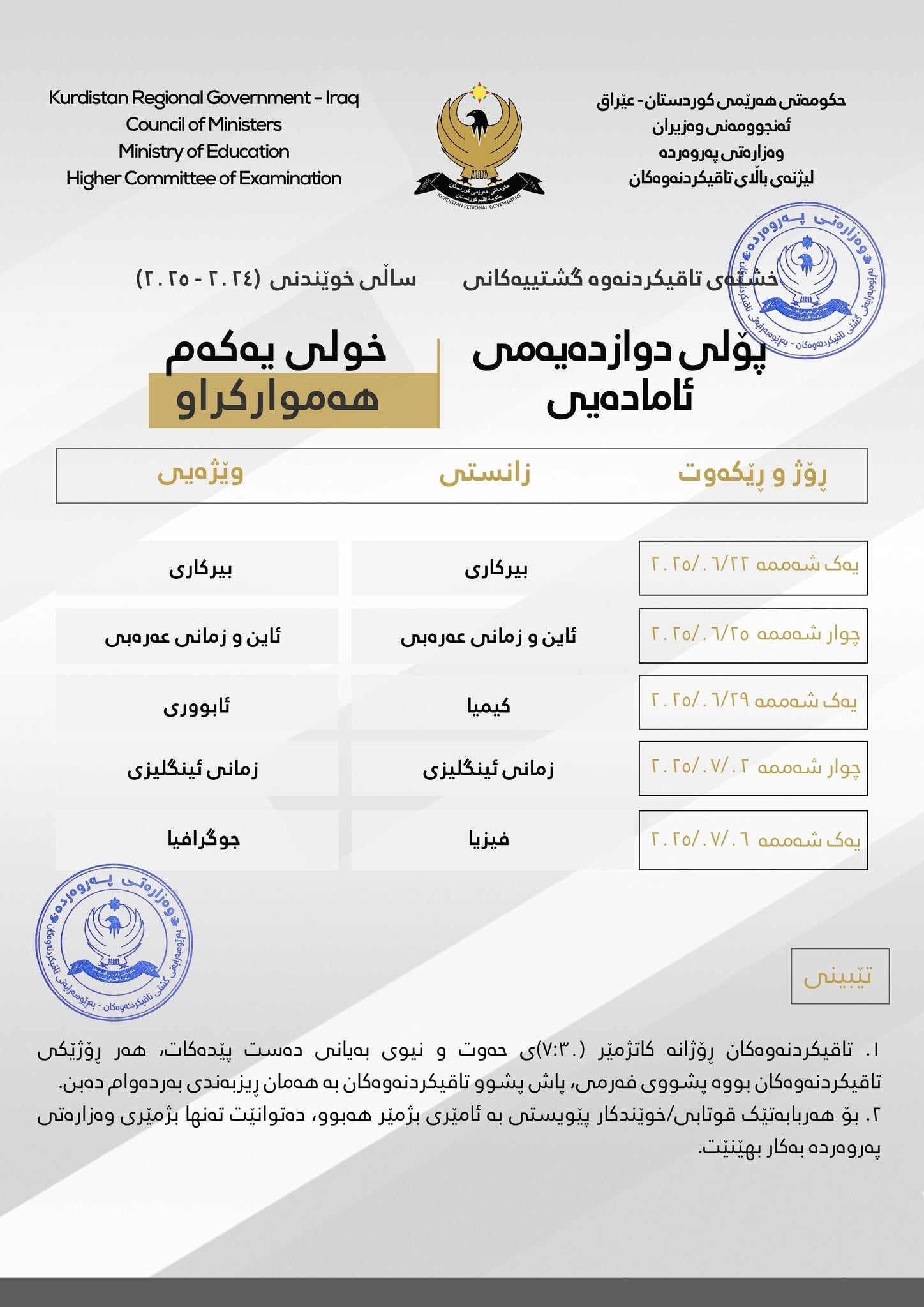 خشتەی هاوپێچکراوی تاقیکردنەوەکانی 12ی ئامادەیی زانستی و وێژەیی