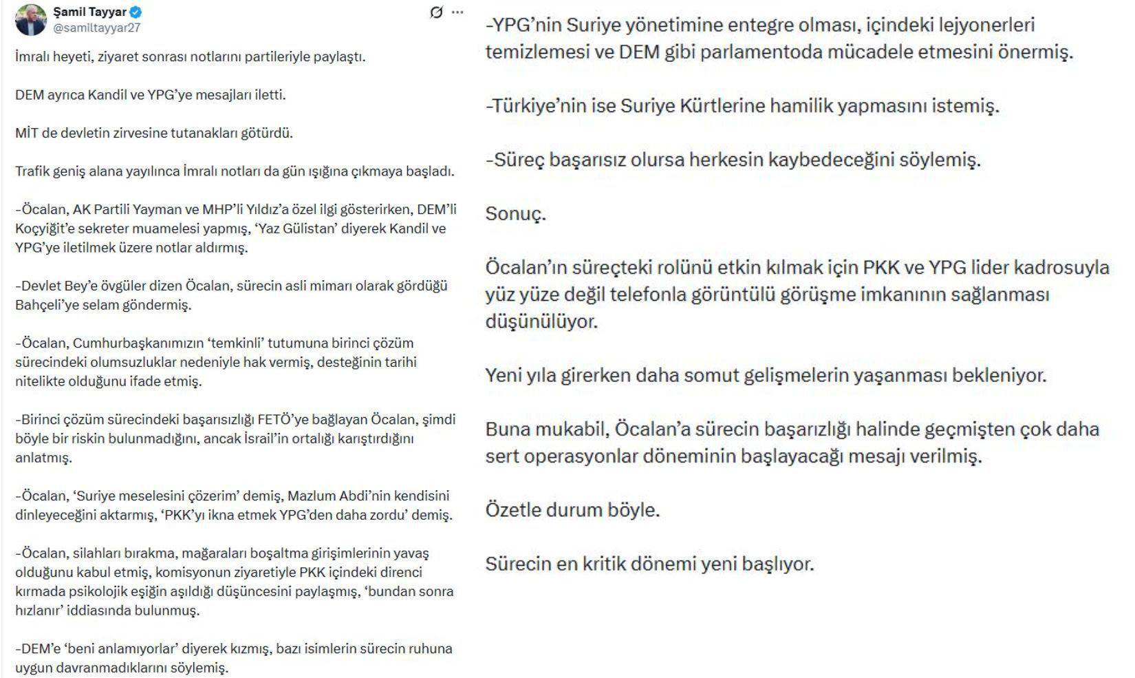 Şamil Tayyar, İmralı notlarını paylaştığı yazısı