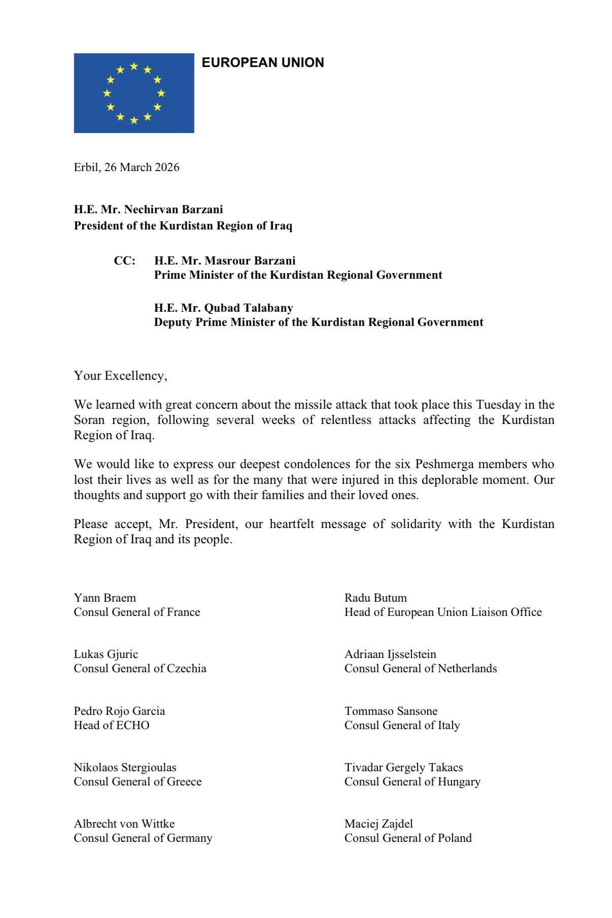 Letter from EU member states offering condolences following the killing of Peshmerga fighters in an attack on a base in Erbil on March 24, 2026.