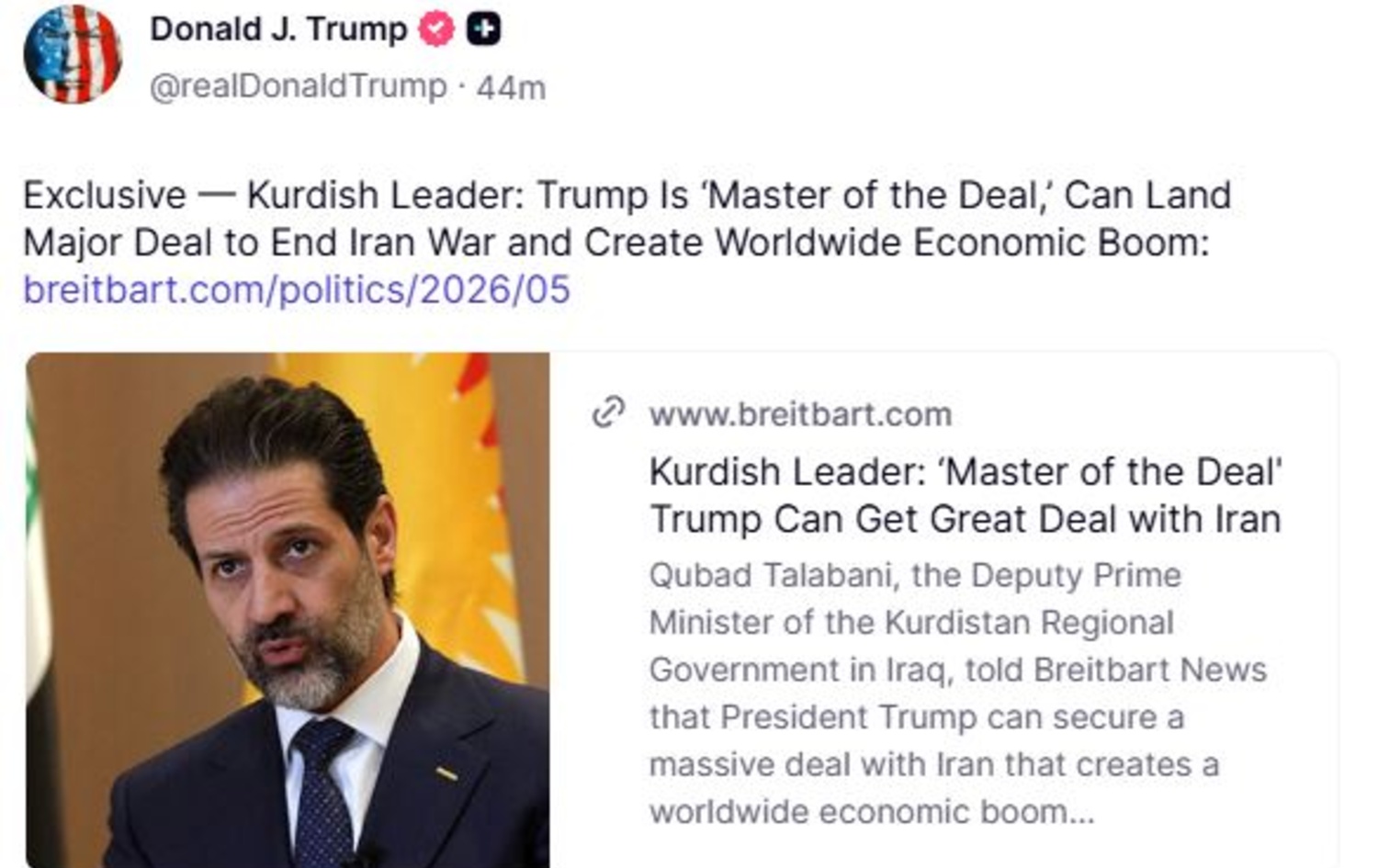 پۆستەکەی دۆناڵد ترەمپ، سەرۆکی ئەمریکا لە ترووس سۆشیاڵ