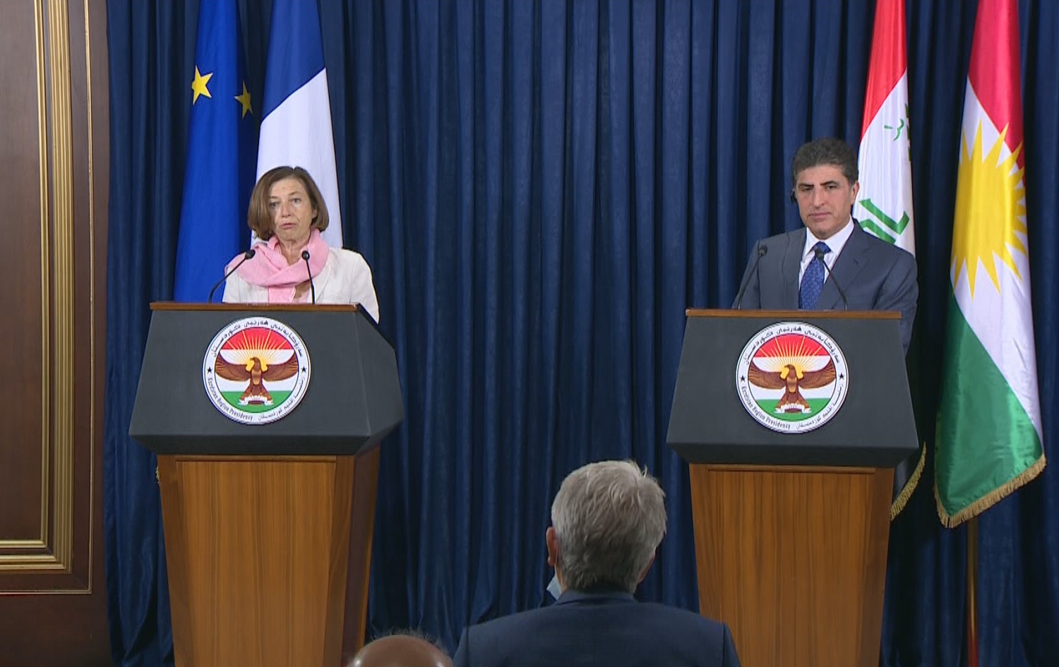 French Defence Minister Florence Parly (L) and Kurdistan Region President Nechirvan Barzani (R) brief members of the press in Erbil on August 27, 2020. Photo: Rudaw
