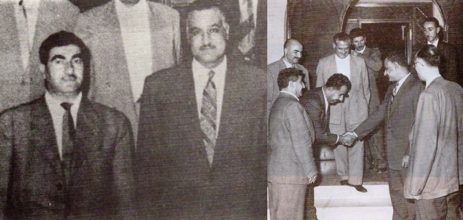 Peşmerge komutanı Mele Mustafa Barzani (solda), Ekim 1958'de Mısır Cumhurbaşkanı Cemal Abdülnasır ile birlikte. Fotoğraf, Mezud Barzani tarafından yazılan “Mustafa Barzani ve Kürt Özgürlük Hareketi” kitabından alınmıştır (2012 baskısı)