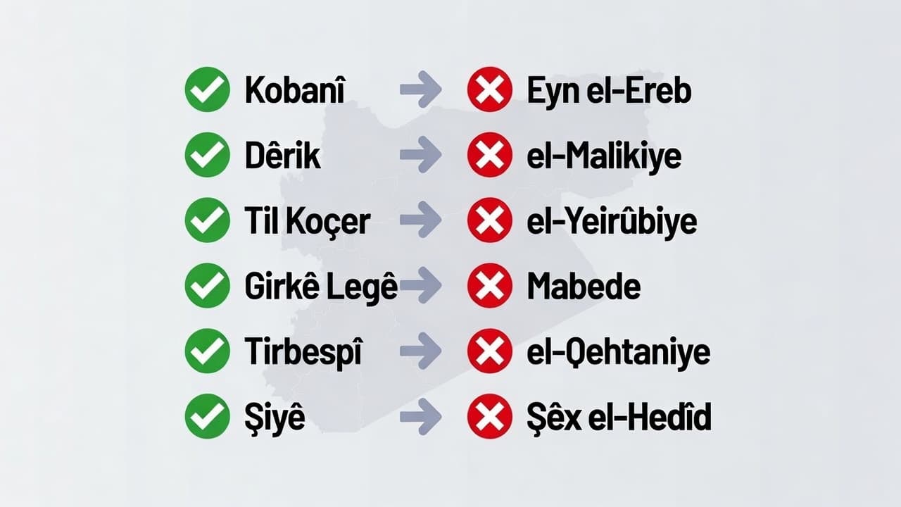 Navên Kurdî û navên Erebî yên ku bi darê zorê li cihên Kurdan kirine / Wêne: Grok