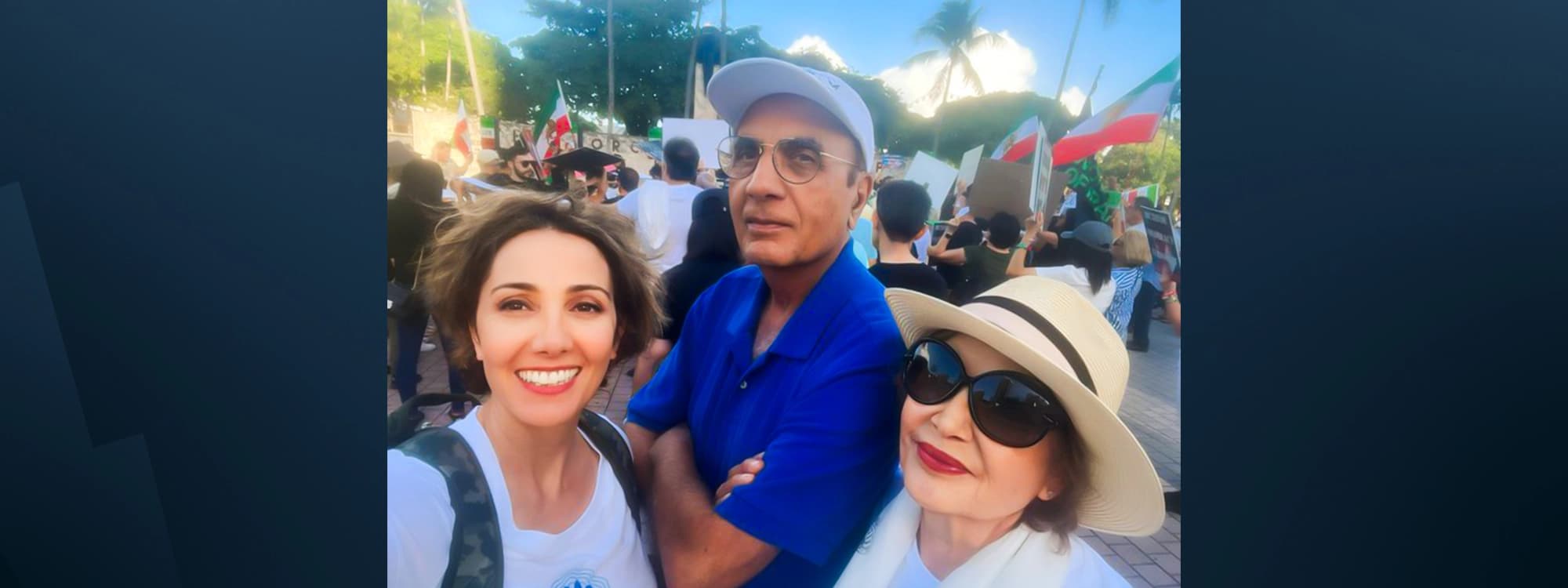 A photo of Sabeti with his wife and daughter on February 11, 2023 at an anti-government protest in the US. Photo: Social media