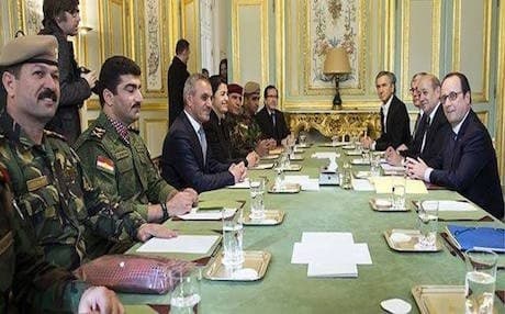 Kurdish Minister of Peshmerga Mustafa Sayid Qadir (3rd left) with French President Francios Hollande.