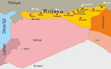 Map showing de facto cantons held by Kurdish forces in northern Syria (Western Kurdistan or Rojava). 