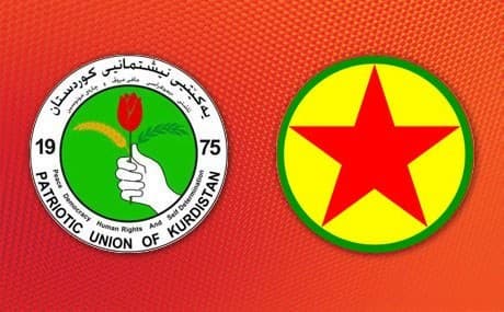 Logos of the Patriotic Union of Kurdistan (PUK) (L) and Kurdistan Workers Party (PKK) 