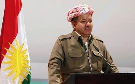 President of Kurdistan Region Masoud Barzani next to the flag of Kurdistan Region, also widely regarded by many Kurds around the world as the flag of the future state of Kurdistan.Photo: Rudaw