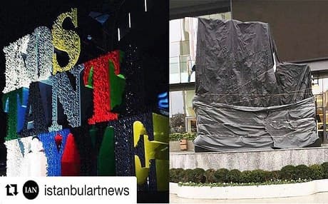 The Kostantiniyye artwork before and after being covered after protests in Istanbul. Photo: Ahmet Güneştekin/Instagram
