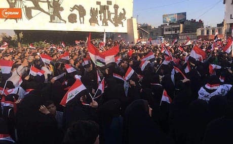 Iraqi protesters in Baghdad's Freedom Square calling for the resignation of Prime Minister Haider al-Abadi's cabinet. 
