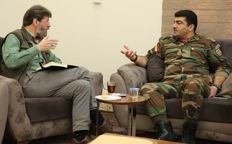 The author on the left, interviewing Sirwan Barzani. Photo courtesy of Safeen Saleh, Black Tiger brigade