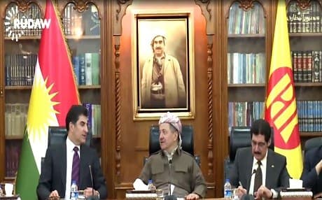 Nechirvan barzani [L], deputy leader of the Kurdistan Democratic Party (KDP) , Masoud Barzani, KDP's President [M], and Fazil Mirani [R], head of the KDP's politburo office on Wednesday.. Photo:Rudaw