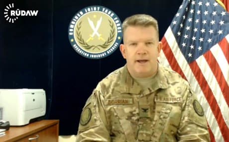 Coalition spokesman Col. John Dorrian speaks via teleconference on Feb. 16. Photo: Rudaw TV