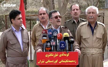 Abdulla Muhtadi, the leader of the Kurdish communist party (Komala) in Iran speaks to reporters denouncing the State of Law's motion in the Iraqi parliament to expel them in Iraq. Photo: Rudaw video