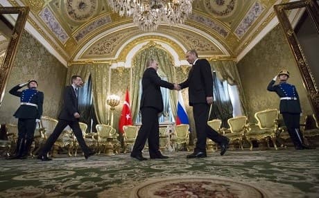 Russian President Vladirm Putin, second left, shakes hands with Turkey's President Recep Tayyip Erdogan during their meeting in the Kremlin in Moscow, Russia, Friday, March 10, 2017. Photo: Alexander Zemlianichenko | AP