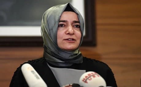 Fatma Beytul Sayan Kaya, minister for Family and Social Policies, speaks to the media after she arrived at the Ataturk international airport in Istanbul. Photo:AFP