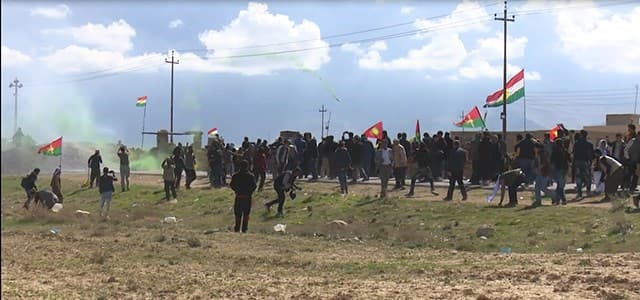 A scene of Tuesday's demonstration in Khanasour, Shingal region. Photo: ANHA