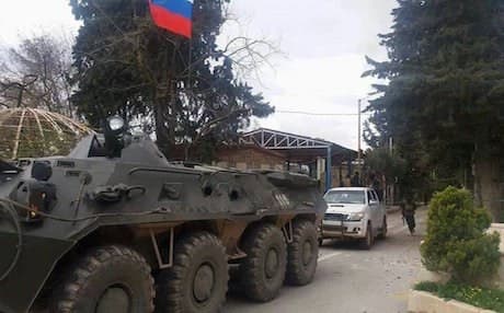 A Russian tank entering the city of Afrin in Rojava. Photo: Youtube screenshot