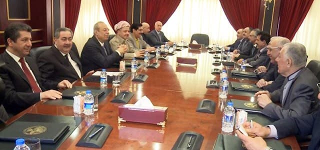 A meeting between a Kurdistan Democratic Party (KDP) delegation (L) and a delegation of the Patriotic Union of Kurdistan (PUK) (R) in Erbil. Photo: Rudaw