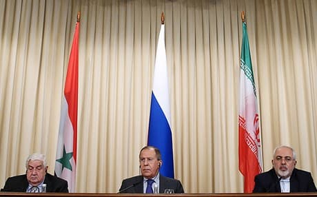 Syrian, Russian and Iranian foreign ministers, Walid Muallem, Sergey Lavrov and Mohammad Javad Zarif meet in Moscow on April 14. Photo: TASS