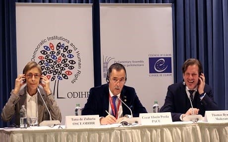 (From L) OSCE Office for Democratic Institutions and Human Rights (ODIHR) mission head in Turkey Tana de Zulueta, ODIHR and the Parliamentary Assembly of the Council of Europe (PACE) Cezar Florin Preda and ODIHR spokesman Thomas Rymer give a press conference Ankara on Monday following the results in a nationwide referendum on constitutional changes. Photo: AFP