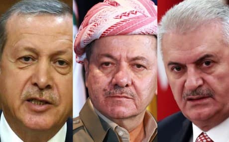COMBO: Turkish President Receb Tayyip Erdogan [L], AFP photo, Kurdish President Masoud Barzani [M] Rudaw photo, and Turkish Prime Minister Binali Yildirim, AFP photo. 