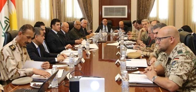 A defense team from the global coalition representing US, UK and Germany has met on Sunday with Prime Minister Nechirvan Barzani, his deputy Qubad Talabani, Peshmerga minister Karim Sinjari and Peshmerga commanders in Erbil. Photo: PM media office. 