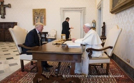 The leader of the Catholic church, Pope Francis, hosts US President Donald Trump at the Vatican on Wednesday. Photo: Vatican