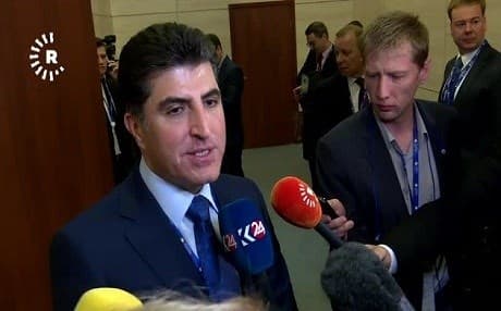Kurdistan Region Prime Minister Nechirvan Barzani speaks to reporters in Saint Petersburg, Russia, on Friday. Photo: Rudaw TV