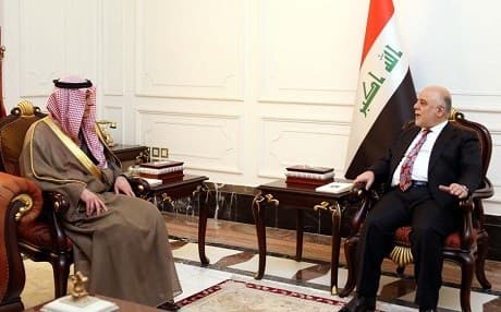 Saudi Arabia Foreign Minister Adel al-Jubeir [L] and Prime Minister Haider al-Abadi [R] met in Baghdad in February. Photo: Iraqi PM media office.