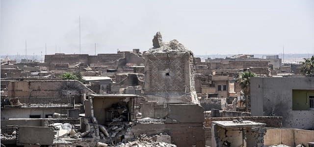File photo shows Mosul's destroyed ancient leaning minaret, known as the "Hadba" (Hunchback), in the Old City after beig blown up byISIS fighters last week. Photo AFP/Mohammed El-Shaed