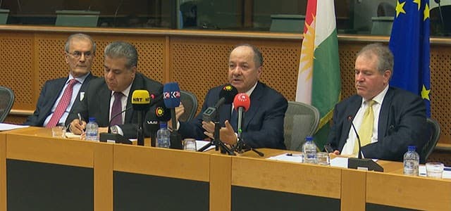 Kurdish President Masoud Barzani [second from right] addresses some members of the European Parliament on July 11, 2017 in Brussels regarding Erbil's referendum on independence set to take place on September 25. Photo: Rudaw video