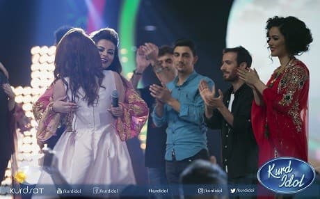 Jinda Kengo [L], a Kurdish refugee from Kobane, celebrates as she won the music talent show of the Greater Kurdistan on July 15, 2017 in Sulaimani, the culture capital of the Kurdistan Region. Photo: Kurdsat TV