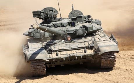 A Russian-made T-90 main battle tank is put through its paces in the desert. Photo: Russian MoD