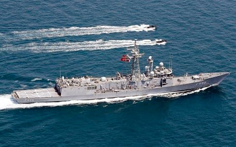 Turkey's TCG Gokova Frigate manuevers in a joint military exercise between Turkey and Qatar in Qatari territorial waters on Monday.  Photo: AA