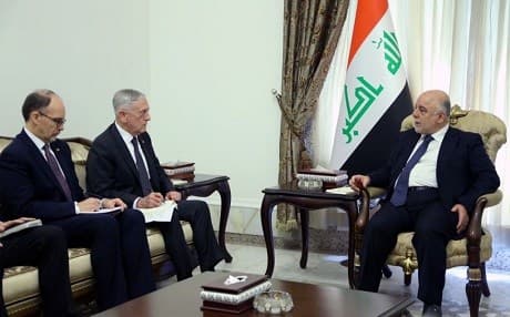 US Ambassador to Iraq Douglas Silliman and US Defense Secretary James Mattis are hosted by Iraqi Prime Minister Haider al-Abadi in Baghdad on Tuesday. Photo: Iraqi PMO