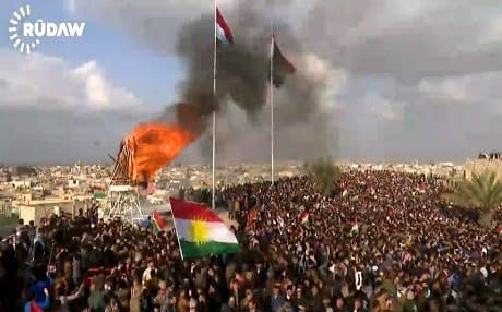 Kurdistan flag raised in Kirkuk castle on the eve of the Kurdish New Year, Newroz. Photo: Rudaw
