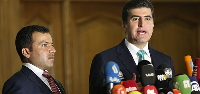 File photo: Parliament speaker Yousif Mohammed, a Gorran member [L], and Prime Minister Nechirvan Barzani, a KDP member, attend a press conference in 2014. The Kurdish parliament has not convened since October 2015 because of tensions between the two parties. Photo: Rudaw