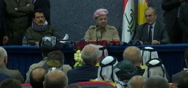 President Masoud Barzani [M] speaks to the people of Kirkuk on September 12, 2017 in Kirkuk. The Kurdista Regiom will hold an independence referendum on September 25 despite the opposition from the Iraqi government and neighboring countries including in the disputed province of Kirkuk. Photo: Rudaw video