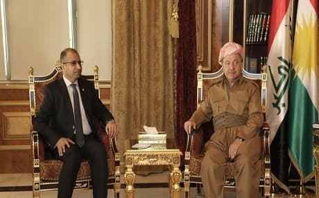 Salim al-Jabori, Iraqi parliament speaker [left], meets with Kurdistan Region President Masoud Barzani [right] on October 8, 2017. File photo: KRP