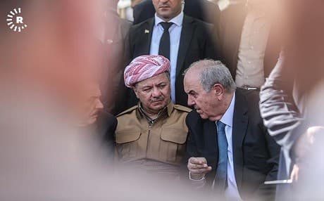 Kurdish President Masoud Barzani [L] and Iraqi Vice President Ayad Allawi [R] chat as they attend the funeral of former Iraqi President Jalal Talabani on October 7, 2017 in Sulaimani. Photo: Rudaw/Sartip Othman 