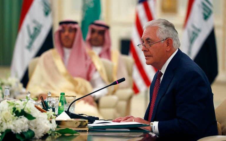 US Secretary of State Rex Tillerson speaks during a meeting of the Saudi-Iraqi Bilateral Coordination Council with Saudi King Salman and Iraqi Prime Minister Haider al-Abadi on Sunday. Photo: AP