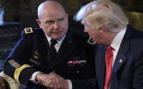 President Donald Trump (R) shakes hands with US National Security Adviser General McMaster. AP photo
