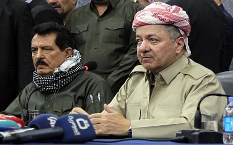 Kurdish President Massud Barzani (R) attends a meeting with Kirkuk people on September 12, 2017 with Vice President Kosrat Rasoul Ali (L). Gorran and Komal, two of the main Kurdish parties, have called for the abolishment of the office of the Kurdish presidency. File photo: AFP/Marwan Ibrahim