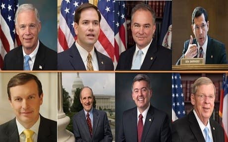 Composite photo of US senators from top left to right: Ron Johnson (R), Marco Rubio (R), Tim Kaine (D), John Barraso (R), Chris Murphy (D), Jarnes Ristch (R), Cory Gardner (R), Johnny Isakson (R). Photo: official photos of US senators/Rudaw