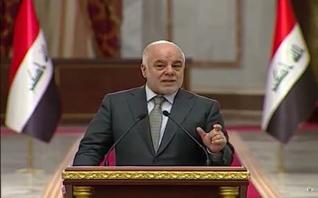 Iraqi Prime Minister Haider al-Abadi delivers a weekly statement from Baghdad on Nov. 7. Photo: Iraqi PM Media Office