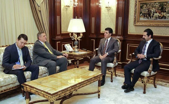 The UN’s special envoy to Iraq, Jan Kubis (2nd left), met with PM Nechirvan Barzani and deputy PM Qubad Talabani on Wednesday. Photo: KRG